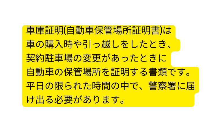 車庫証明 自動車保管場所証明書 は 車の購入時や引っ越しをしたとき 契約駐車場の変更があったときに 自動車の保管場所を証明する書類です 平日の限られた時間の中で 警察署に届け出る必要があります